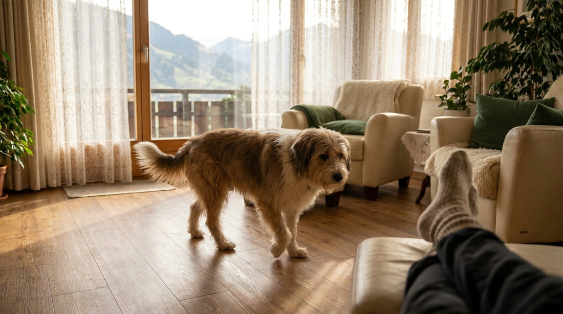 Gesunder Hund bewegt sich entspannt auf einem Holzboden in einem hellen Schweizer Wohnzimmer