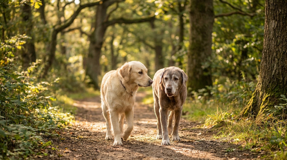 Ein junger und ein älterer Hund laufen gemeinsam über einen sonnigen Waldweg
