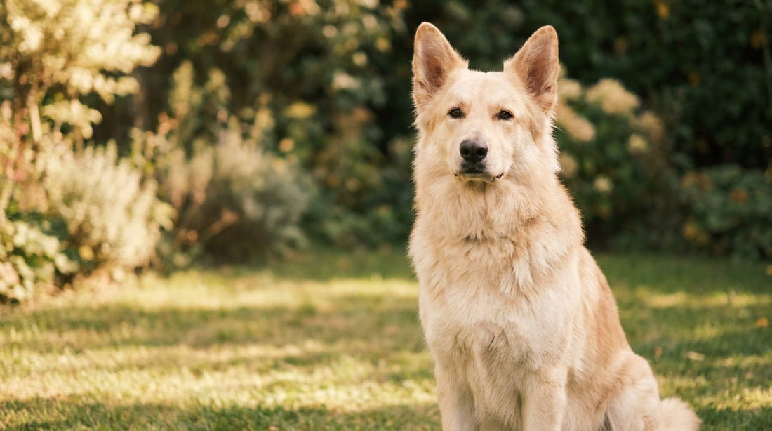 Junger grosser Schäferhund sitzt aufmerksam und entspannt auf einer Wiese im klaren Tageslicht