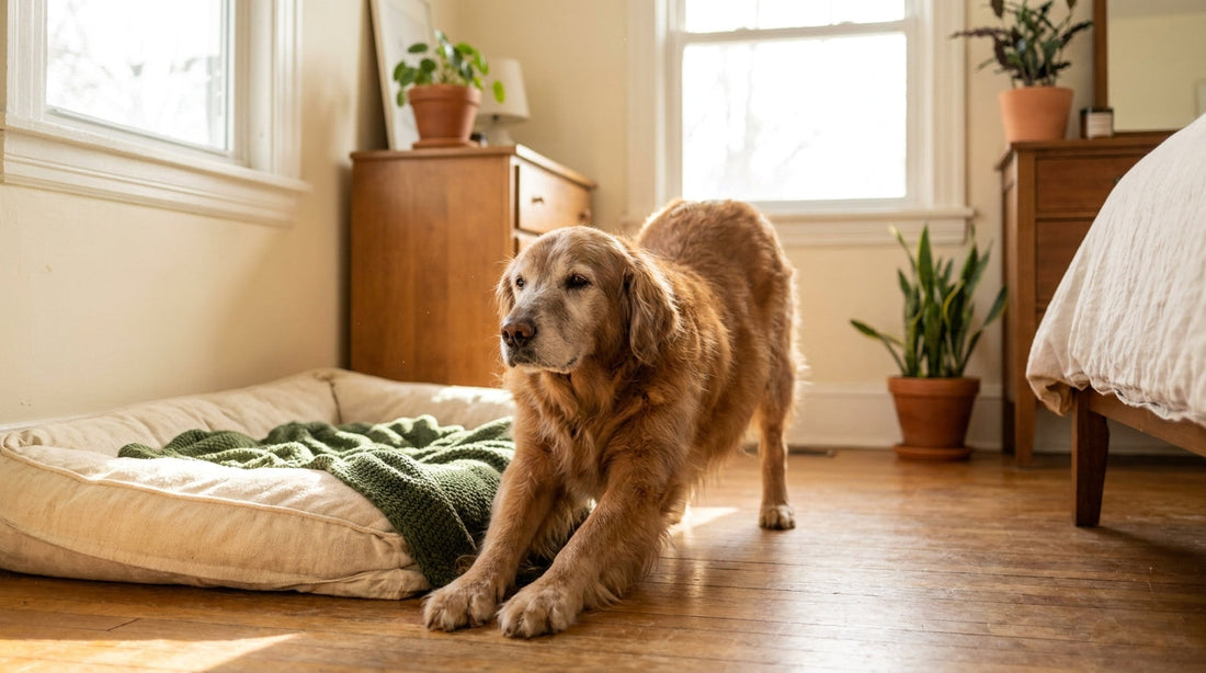 Älterer Hund mit grauer Schnauze streckt sich am Morgen neben seinem Hundebett im hellen Licht