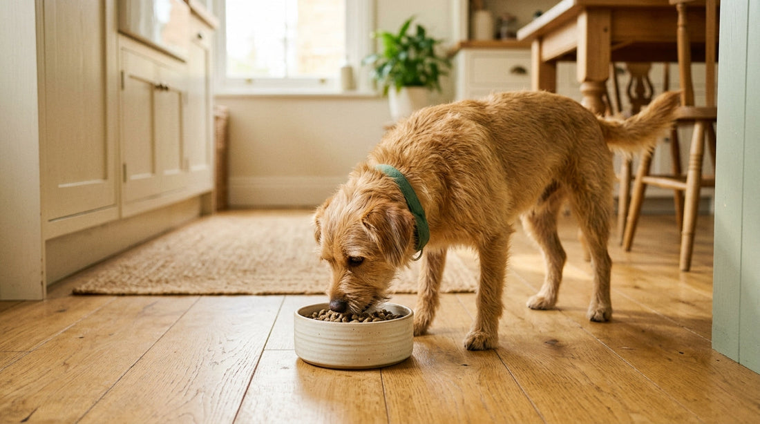 Hund mit empfindlichem Magen liegt entspannt, daneben Happy Tummy Snacks