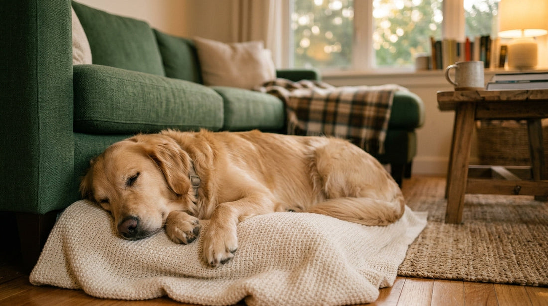 Ruhiger Hund entspannt zu Hause, VitaWoof Ratgeber natürliche Beruhigung