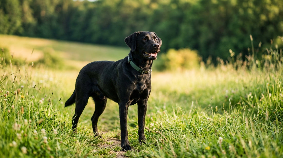 Hund mit gesunder Verdauung liegt entspannt auf einer Wiese