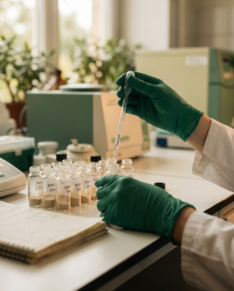 Pipette ueber Probenflaeschchen bei einer Laboranalyse